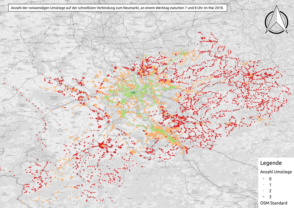 Number of required transfers on the fastest connection to Cologne Neumarkt, on weekdays between 7:00 AM and 8:00 AM, in May 2018.