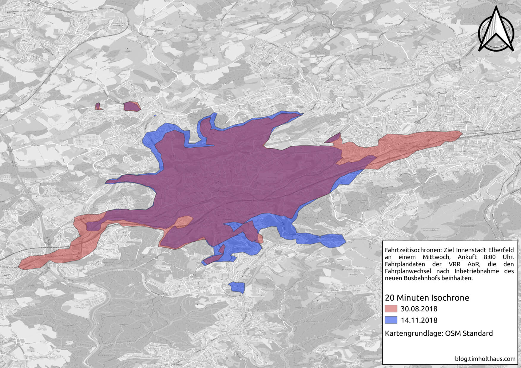 Travel time isochrones: Accessibility of the city center before and after the opening of the new bus terminal in 2018.