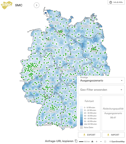 Interaktives Recherche-Tool zur Erreichbarkeit von Kliniken.