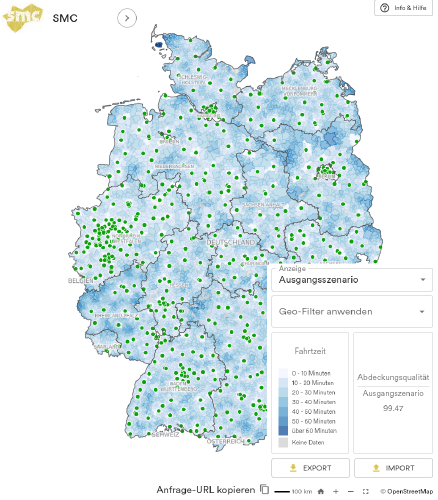 Interaktives Recherche-Tool zur Erreichbarkeit von Kliniken.